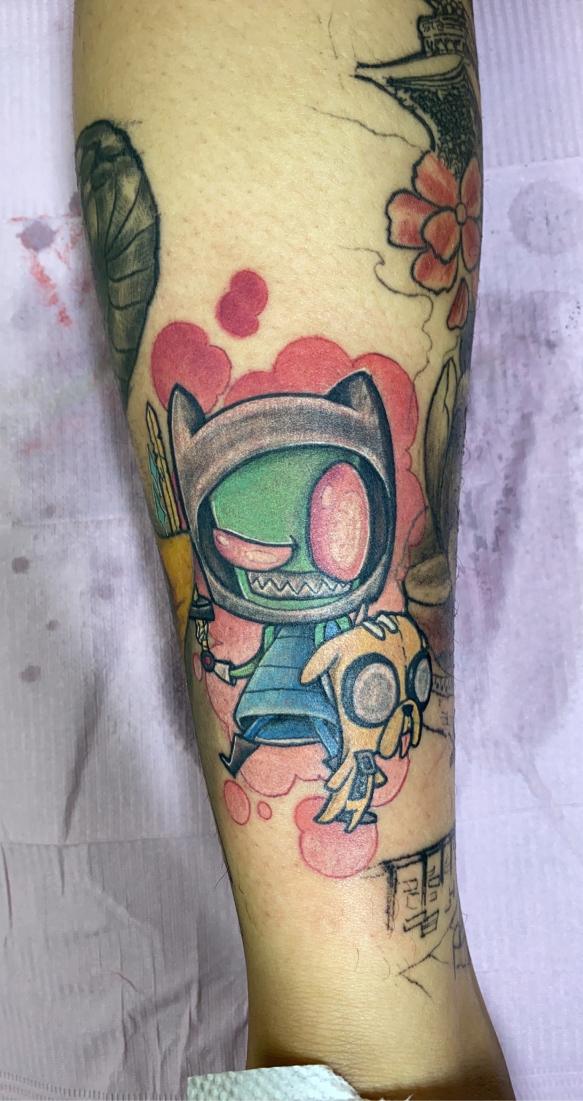 Color + Cartoon cartoon characters tattoo on Calf by 438Star on TattMe