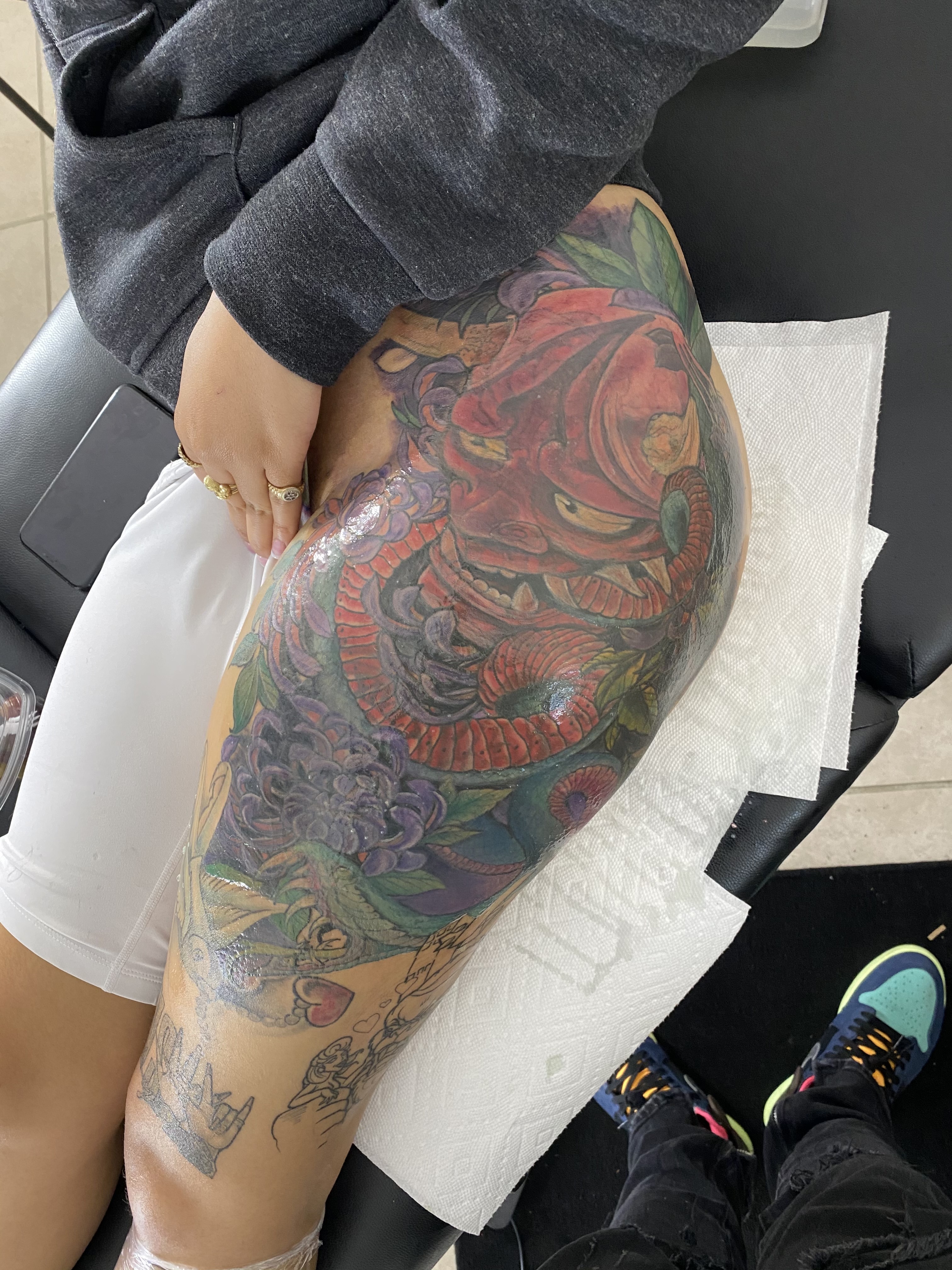 Japanese + Color hannya mask tattoo on Thigh by 438Star on TattMe