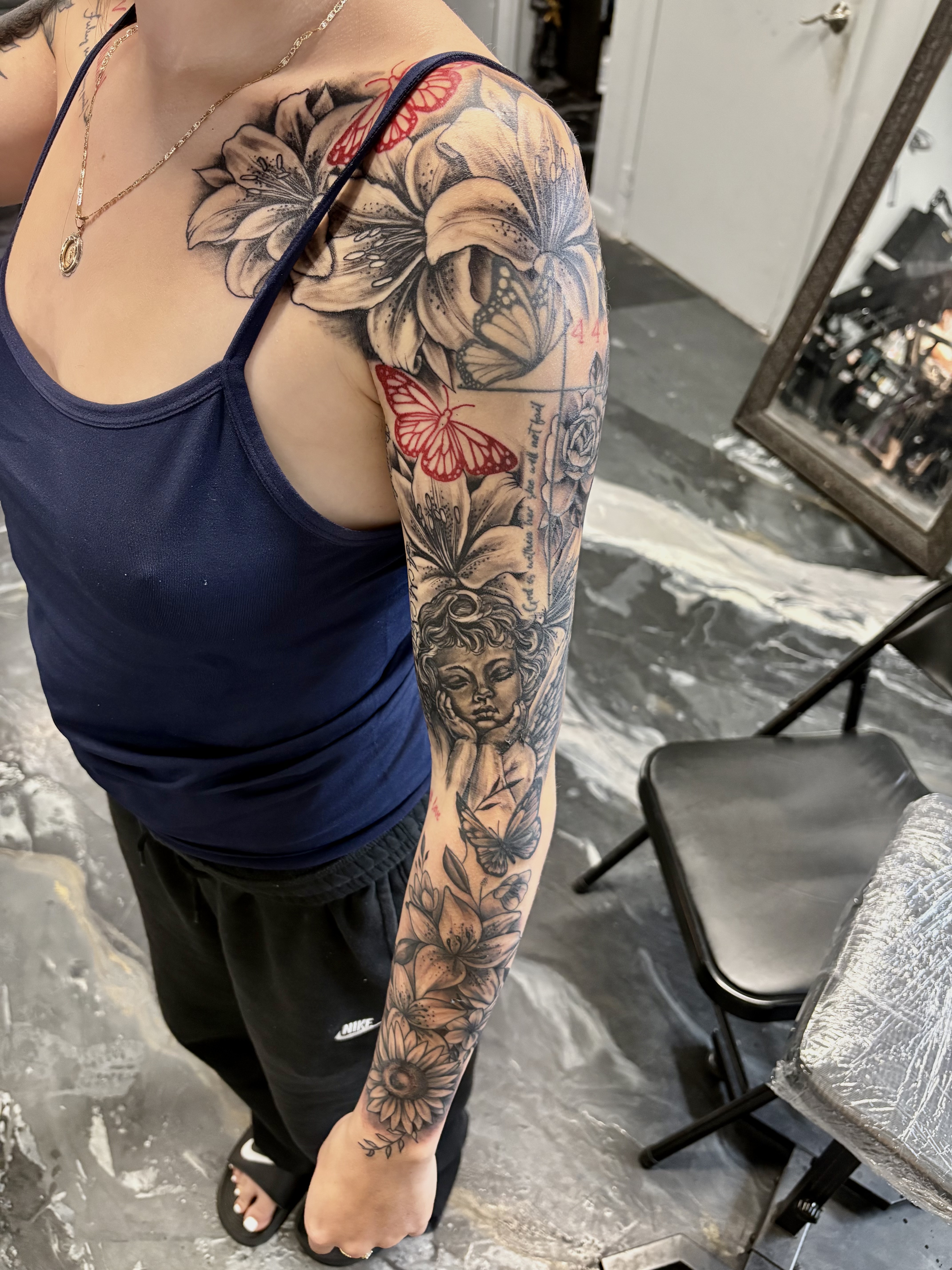 Black & Grey + Floral flowers tattoo on Full Sleeve by 438Star on TattMe
