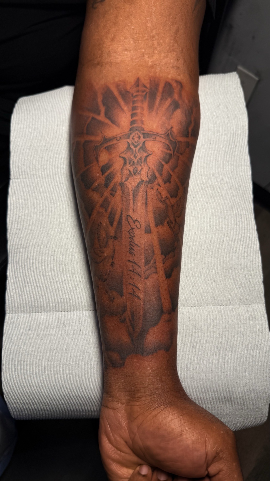 Black & Grey + Illustrative sword tattoo on Forearm by tattoo.banditt on TattMe