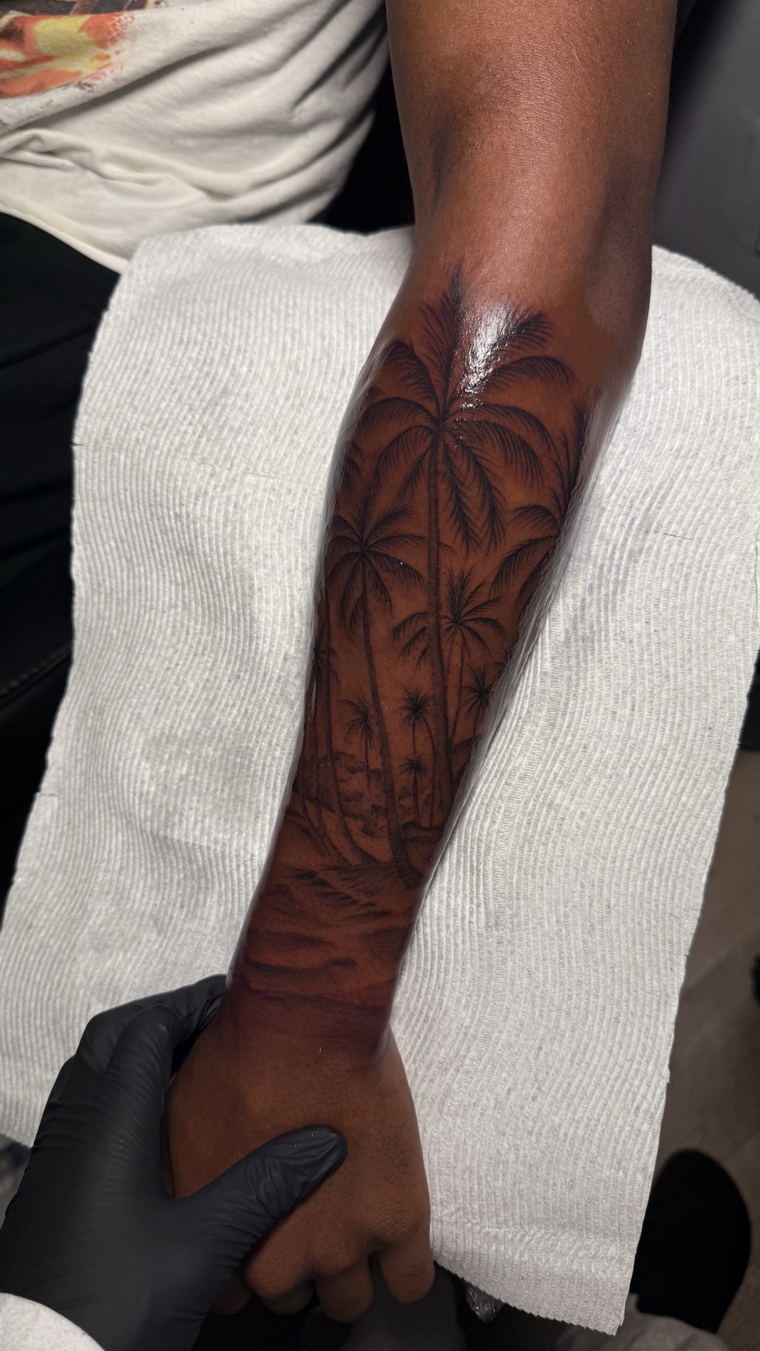 Fine Line + Black & Grey palm trees tattoo on Forearm by tattoo.banditt on TattMe
