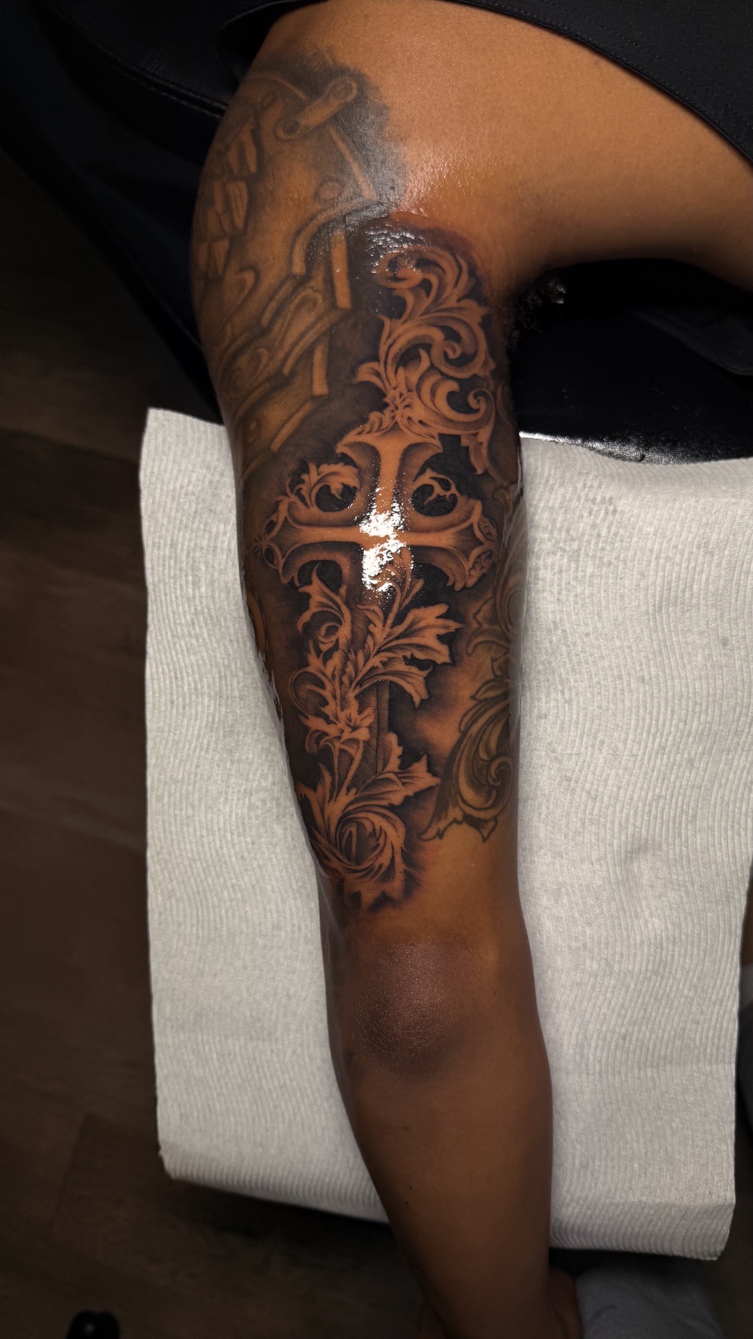 Black & Grey + Illustrative cross tattoo on Half Sleeve by tattoo.banditt on TattMe