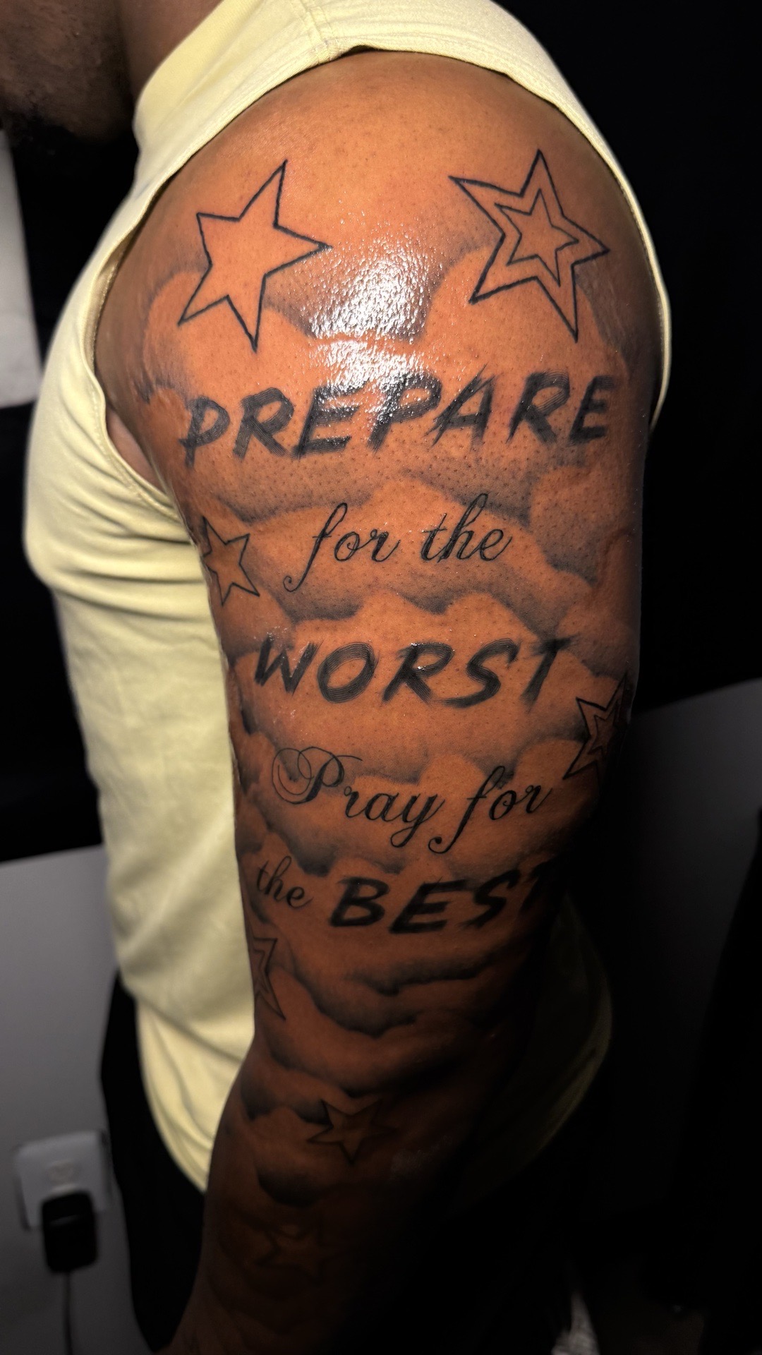 Lettering + Script text tattoo on Upper Arm by tattoo.banditt on TattMe