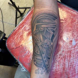 Black & Grey + Illustrative helmet tattoo on Forearm by 100inkz on TattMe