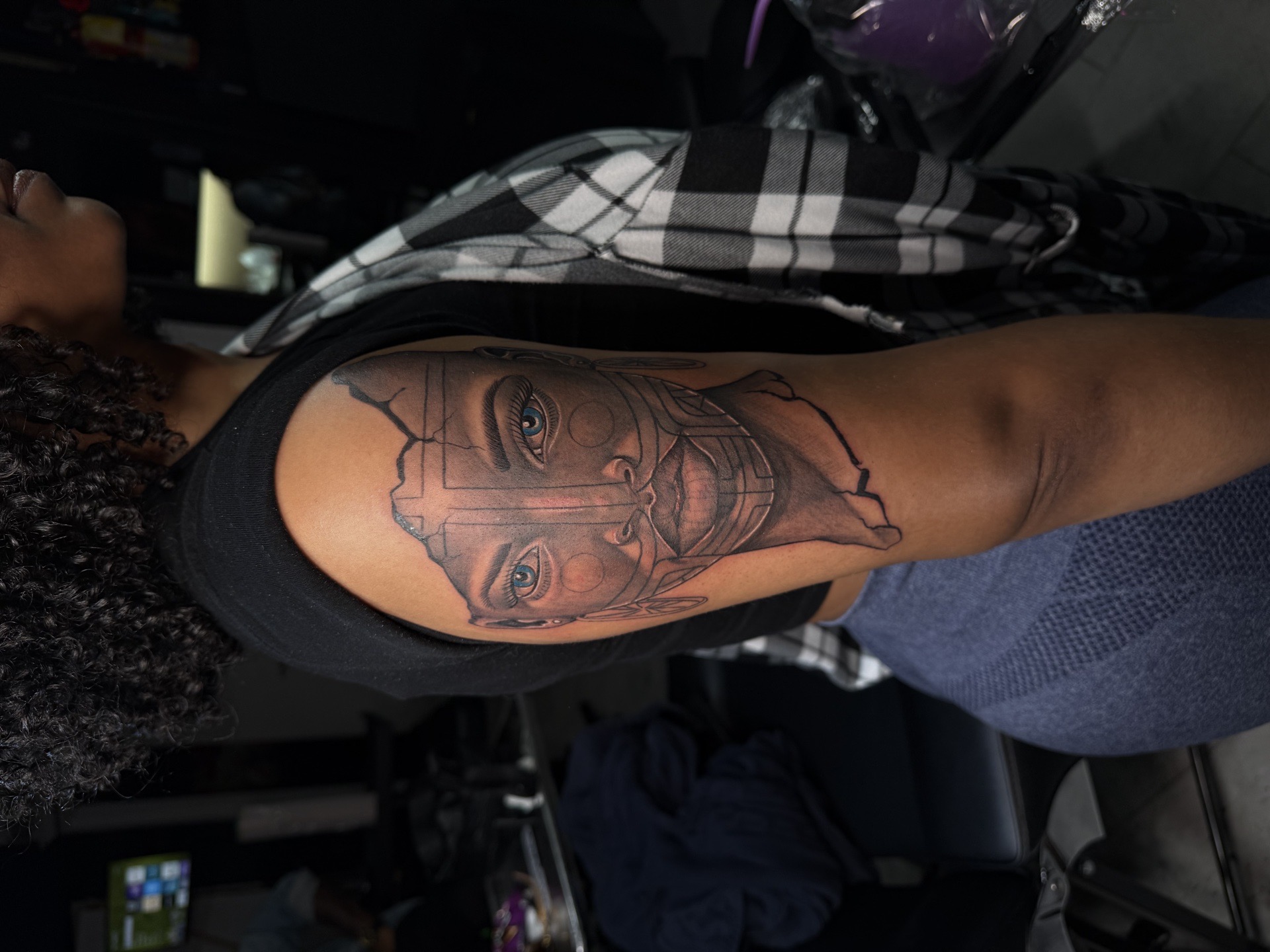 Black & Grey + Realism face tattoo on Upper Arm by 100inkz on TattMe