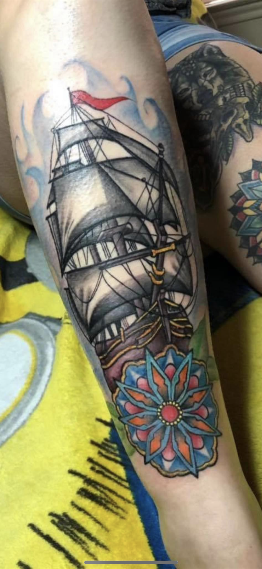 Traditional + Color sailing ship tattoo on Forearm by 100inkz on TattMe