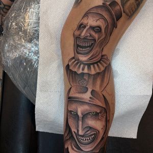 Black & Grey + Realism clowns tattoo on Calf by 100inkz on TattMe