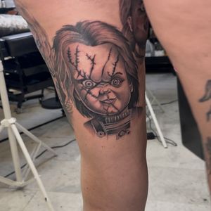 Black & Grey + Realism chucky tattoo on Thigh by 100inkz on TattMe