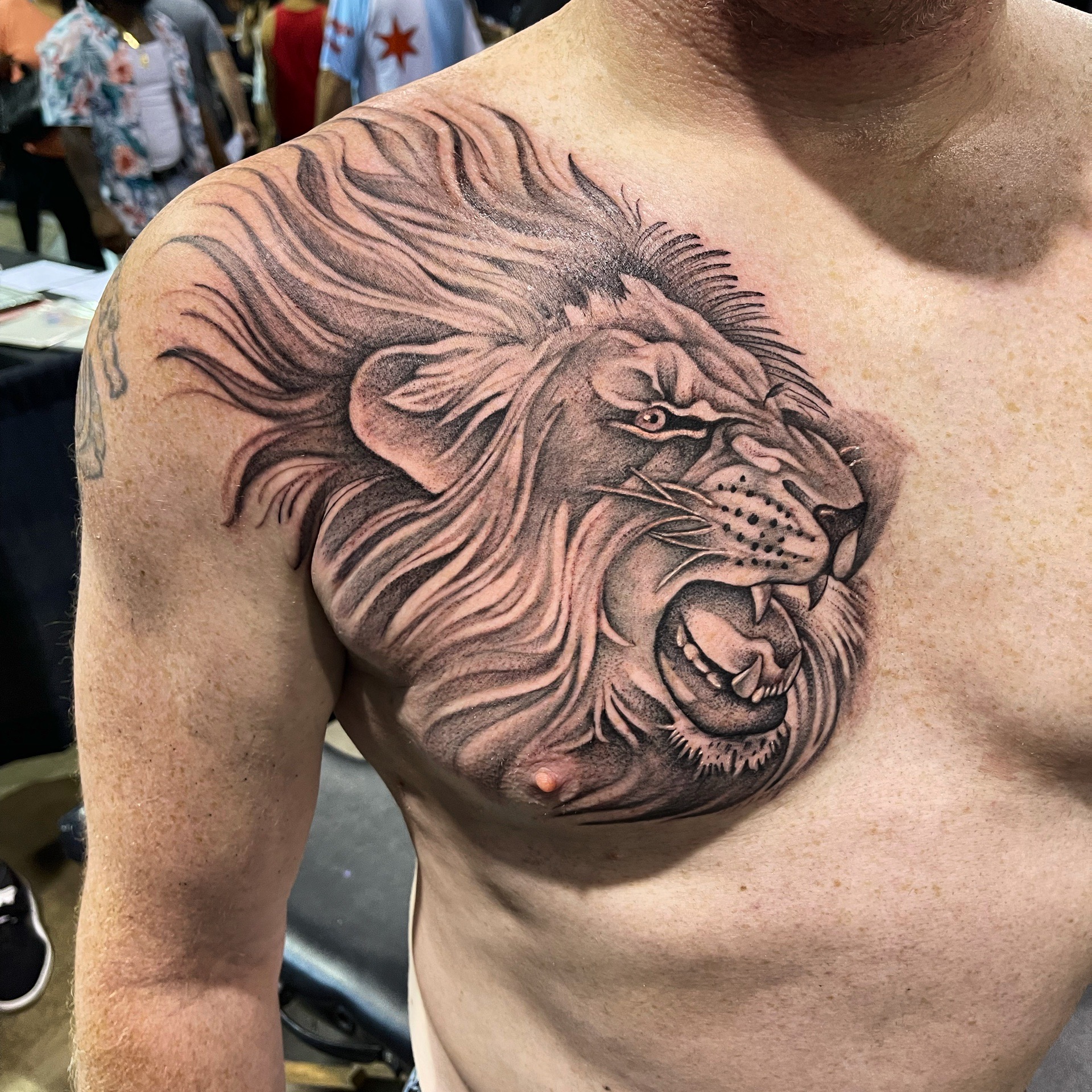 Black & Grey + Illustrative lion tattoo on Chest by 100inkz on TattMe