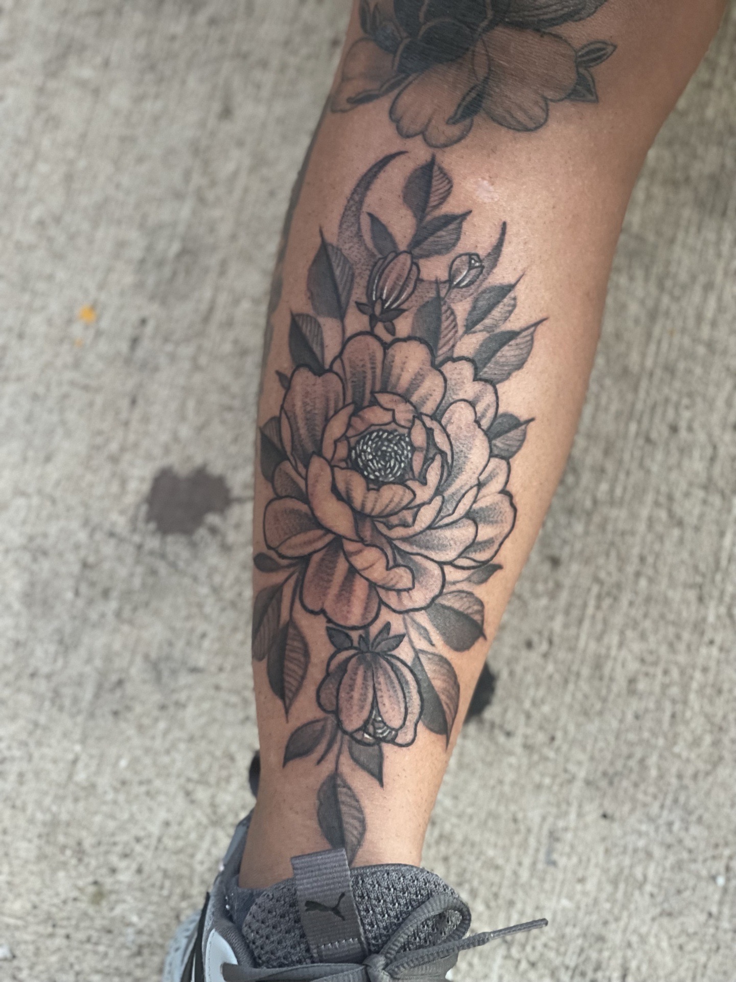 Floral + Black & Grey flowers tattoo on Calf by 100inkz on TattMe