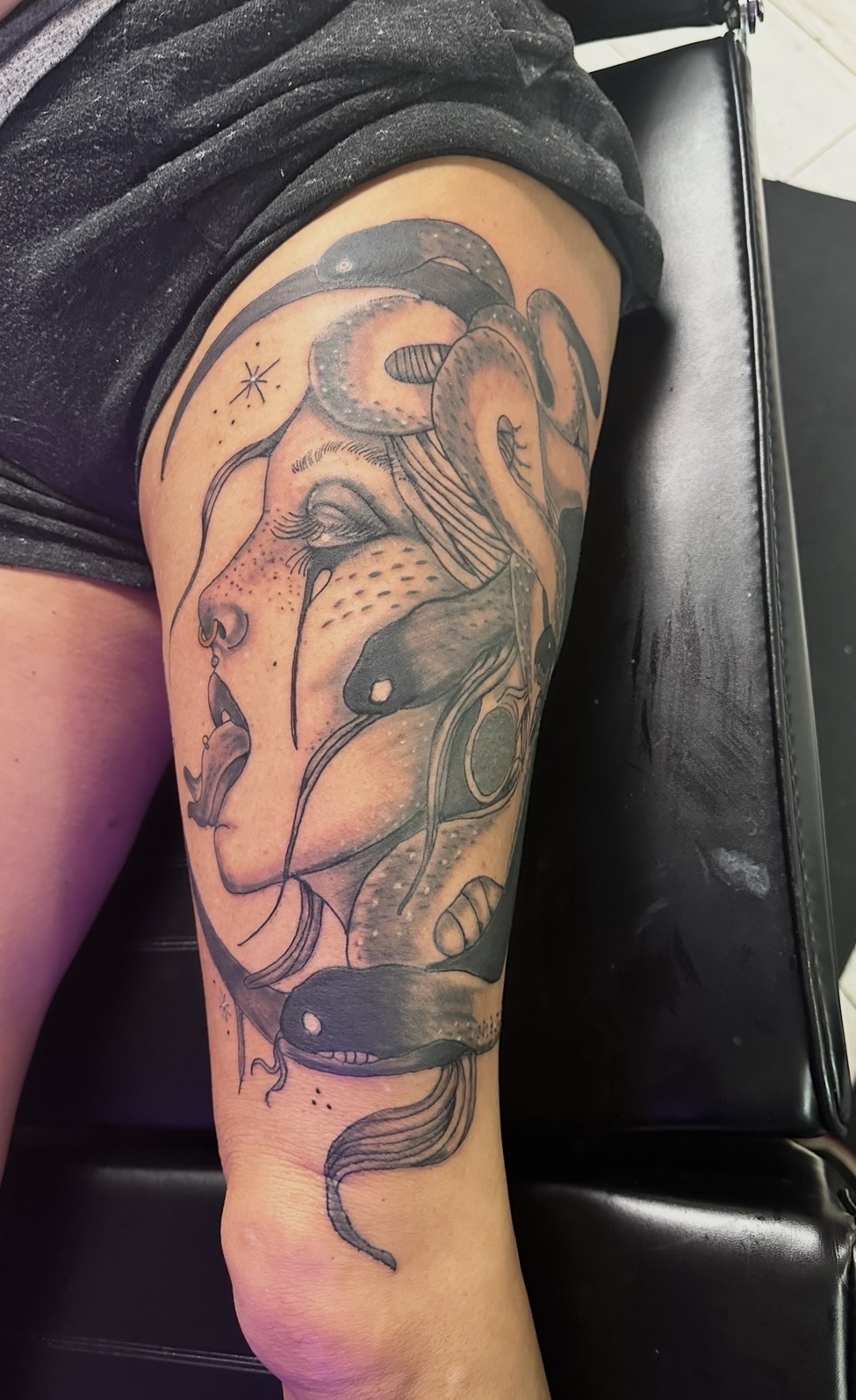 Black & Grey + Illustrative medusa tattoo on Thigh by Patriarch_Tattoo_Company on TattMe