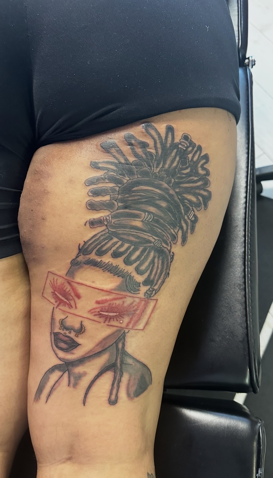 Black & Grey + Illustrative woman tattoo on Thigh by Patriarch_Tattoo_Company on TattMe