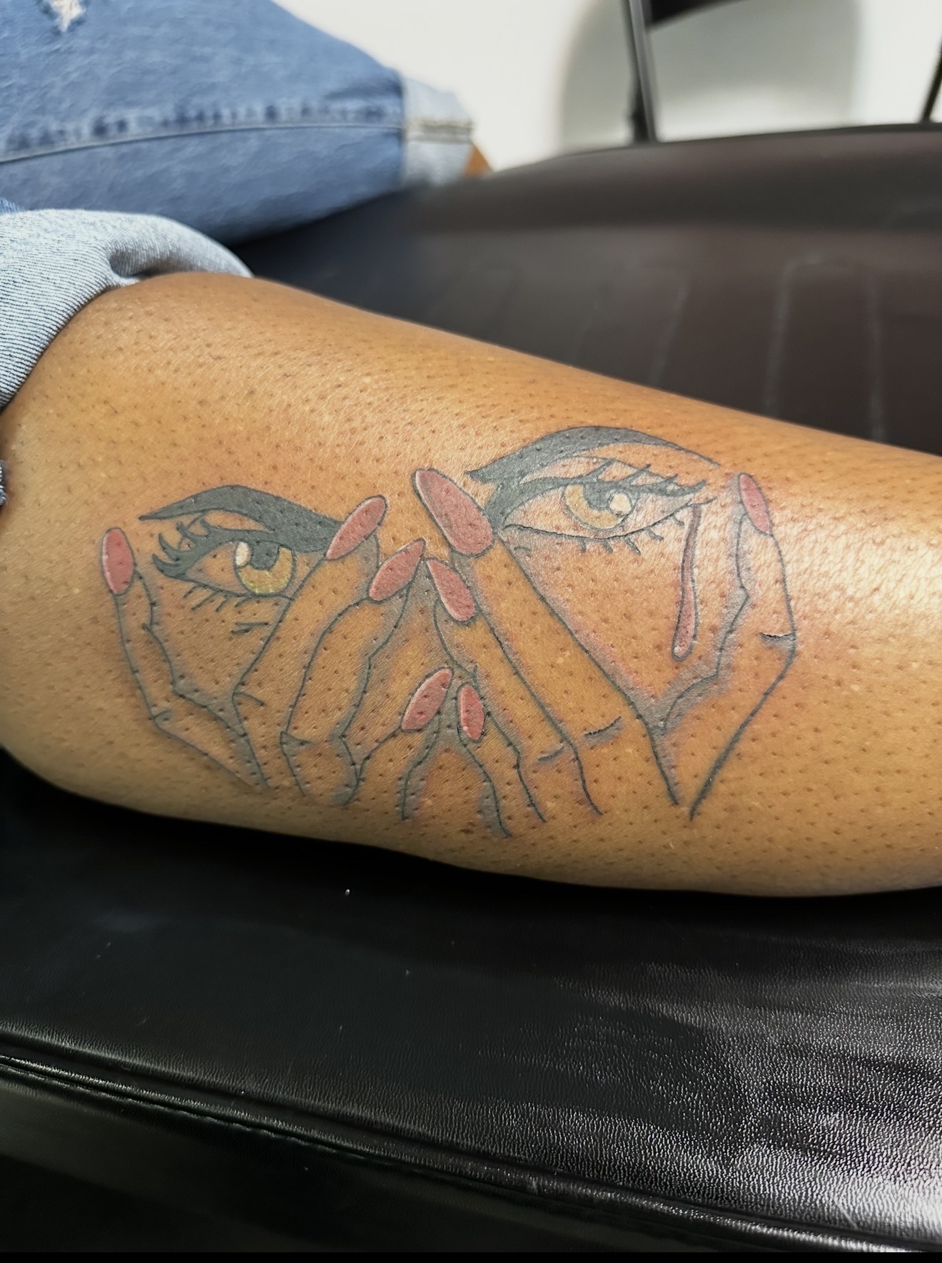Illustrative + Fine Line eyes tattoo on Calf by Patriarch_Tattoo_Company on TattMe