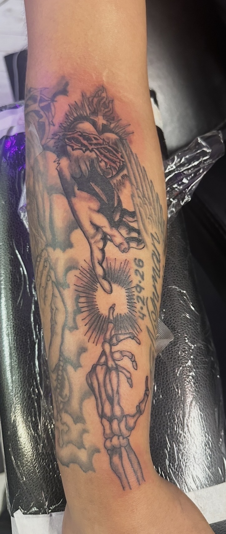 Black & Grey + Illustrative sacred heart tattoo on Forearm by Patriarch_Tattoo_Company on TattMe