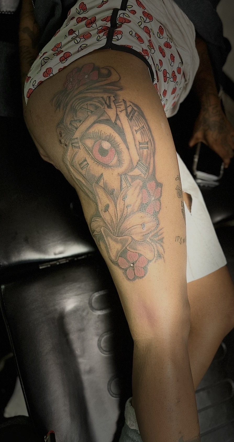 Black & Grey + Color eye tattoo on Thigh by Patriarch_Tattoo_Company on TattMe