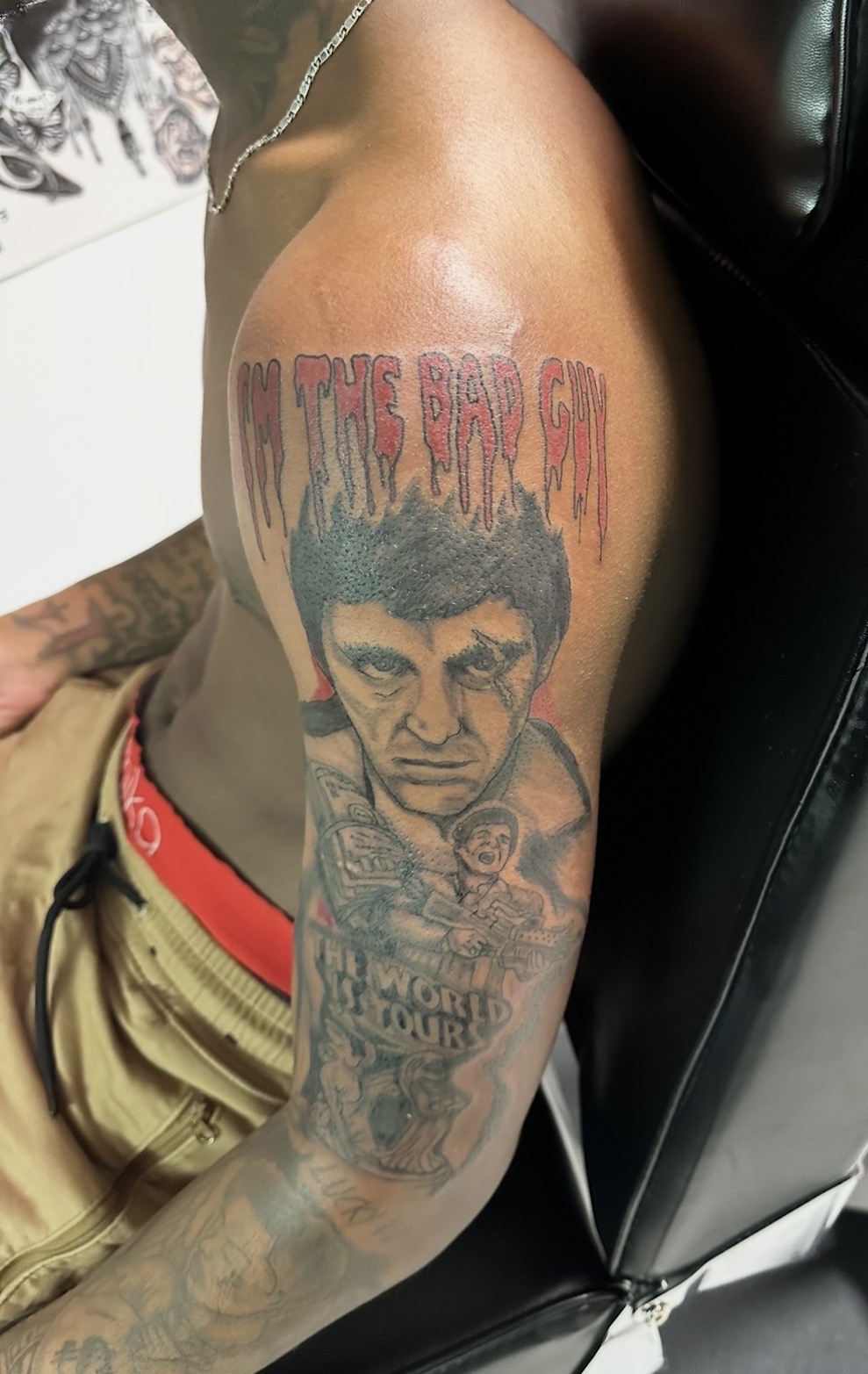Realism + Black & Grey scarface tattoo on Half Sleeve by Patriarch_Tattoo_Company on TattMe