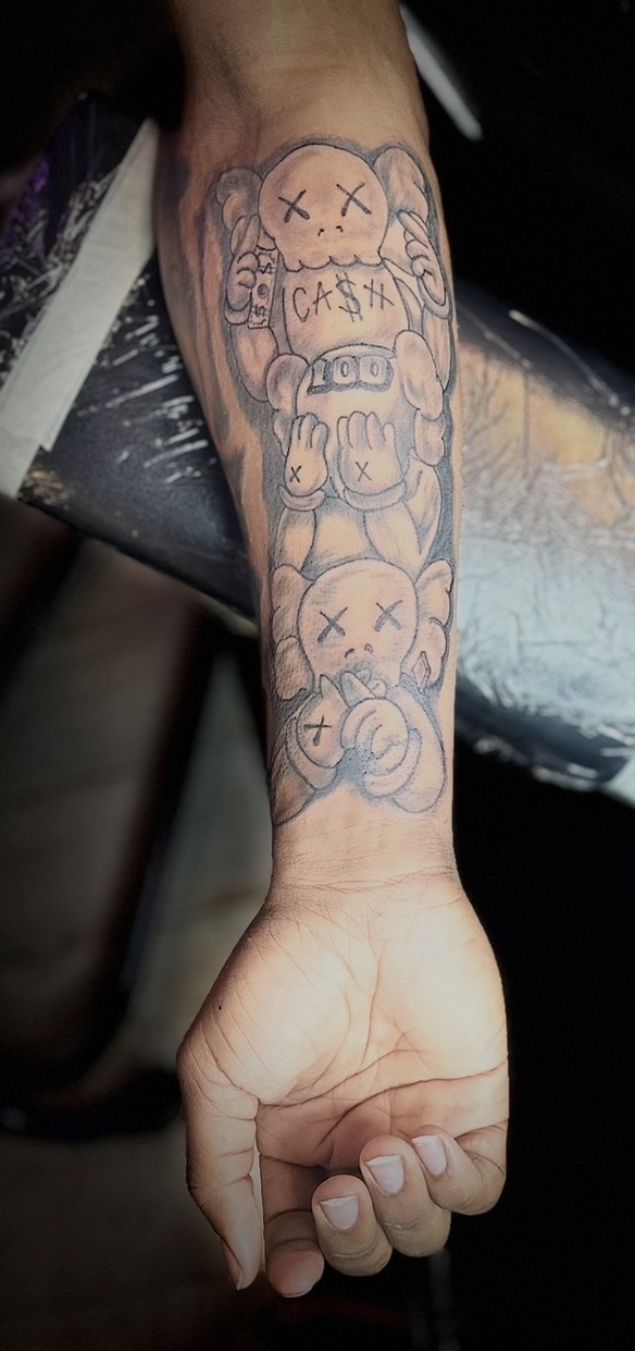 Black & Grey + Illustrative kaws tattoo on Forearm by Patriarch_Tattoo_Company on TattMe