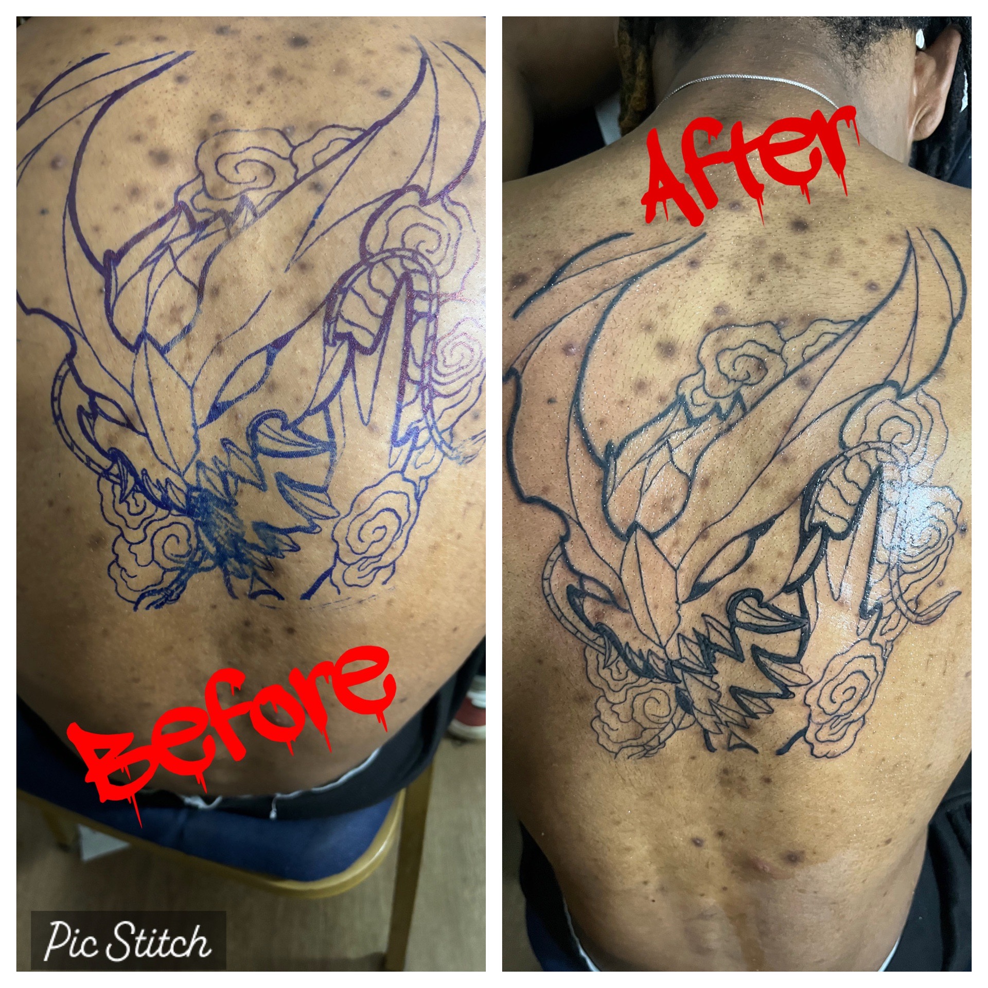 Line-work + Illustrative creature tattoo on Upper Back by LastWordArtistryInk on TattMe