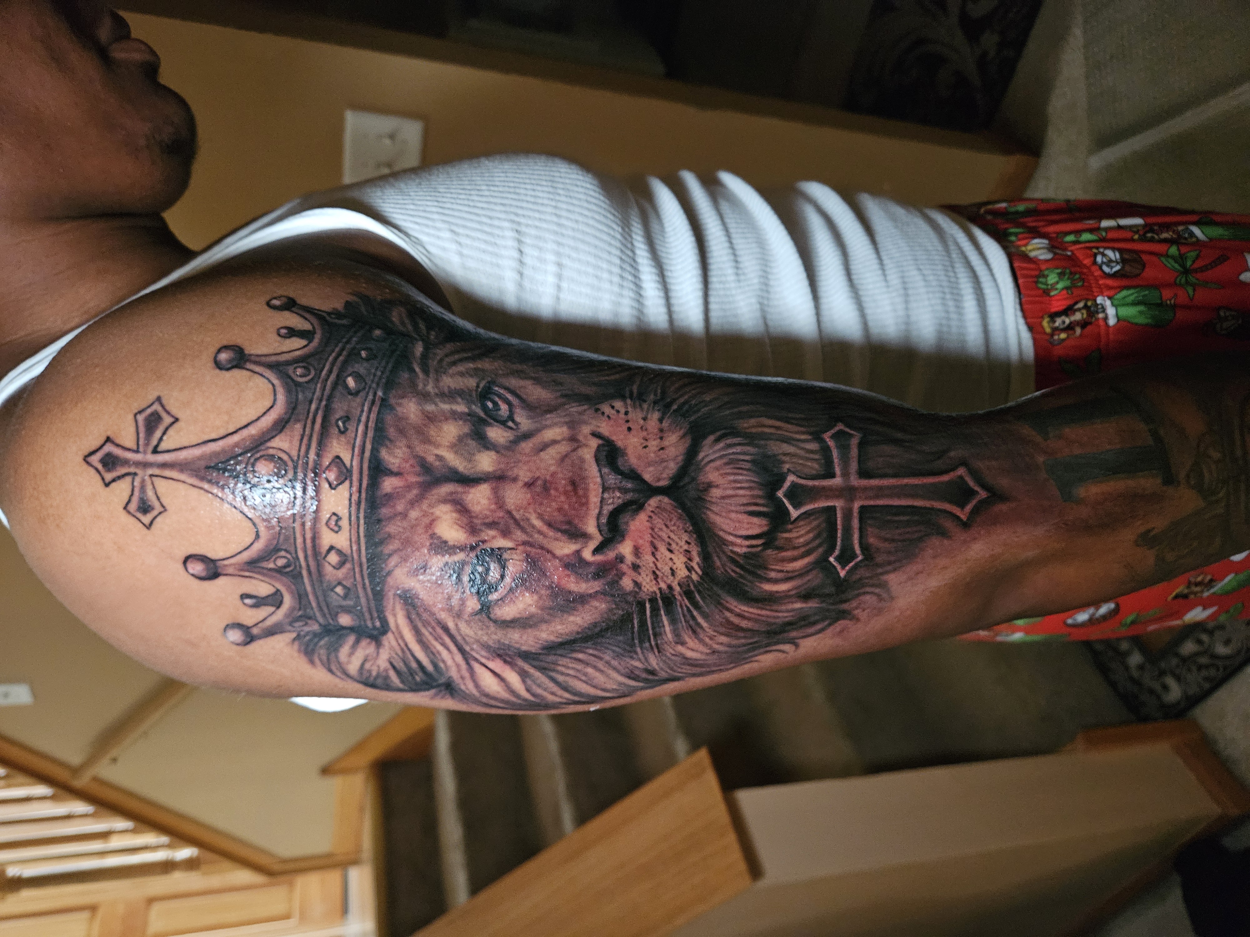Realism + Black & Grey lion tattoo on Upper Arm by Jacob_Love_TD on TattMe