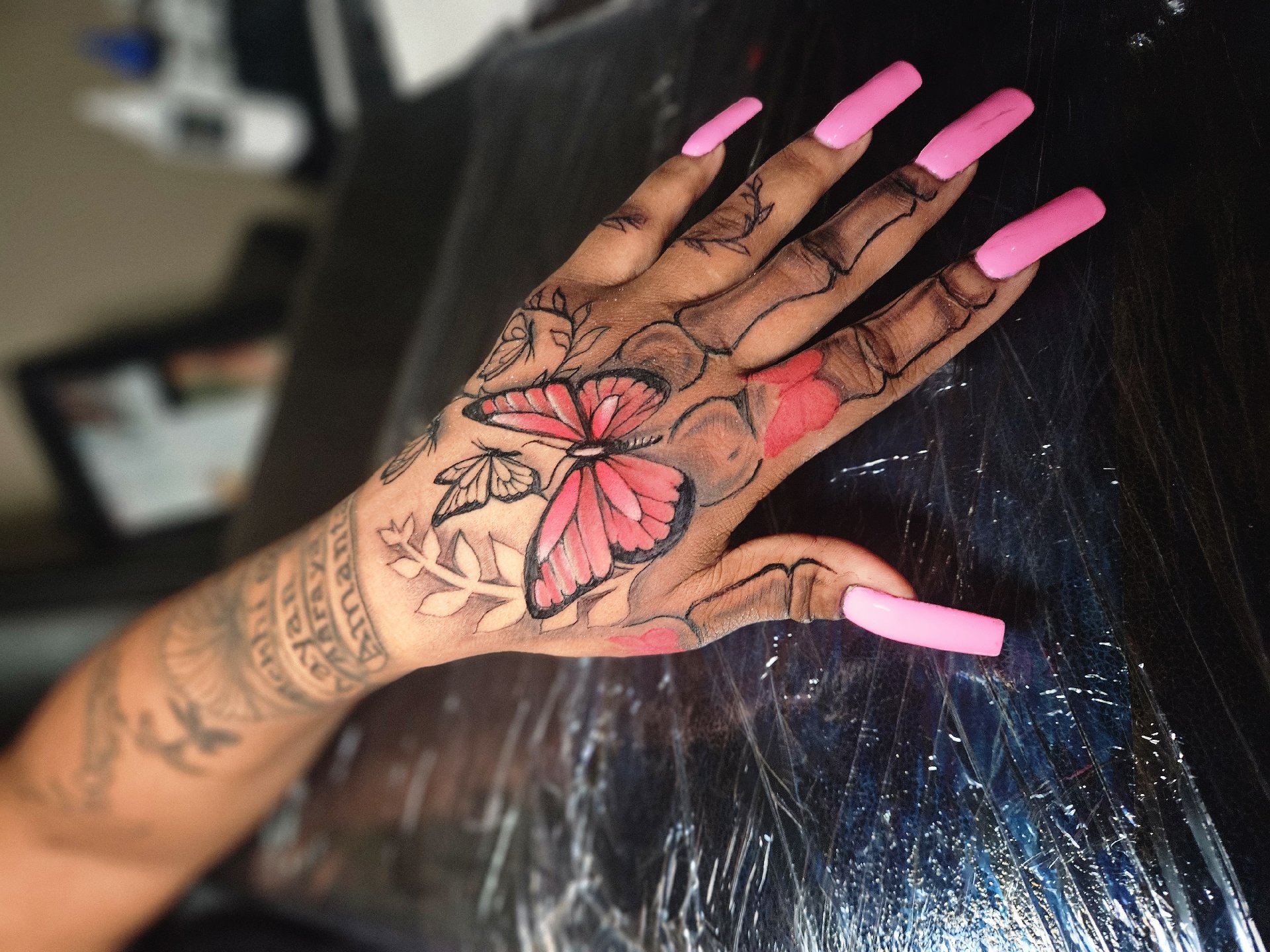 Fine Line + Color butterflies tattoo on Hand by Jacob_Love_TD on TattMe