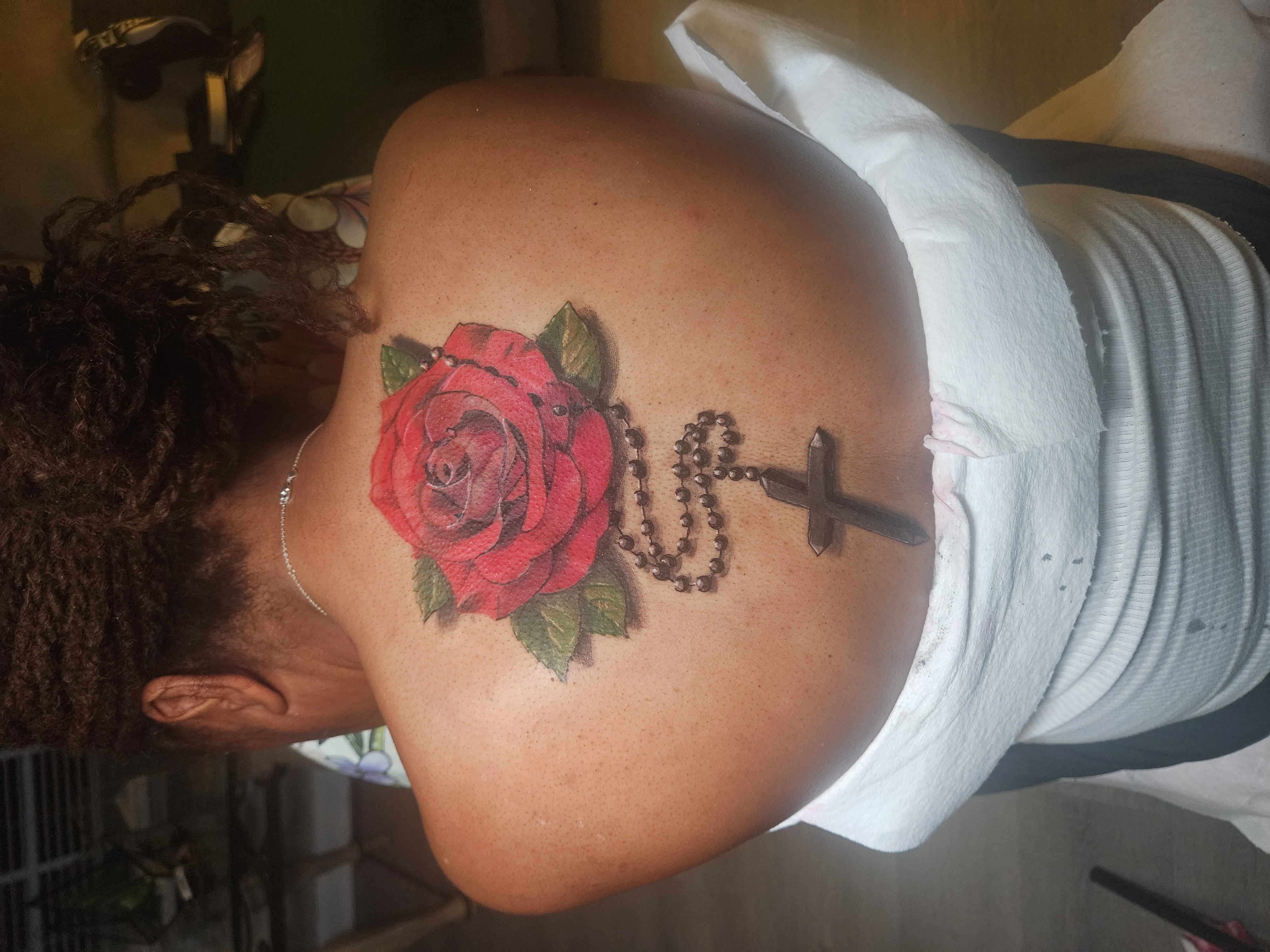Color + Floral rose tattoo on Upper Back by Jacob_Love_TD on TattMe