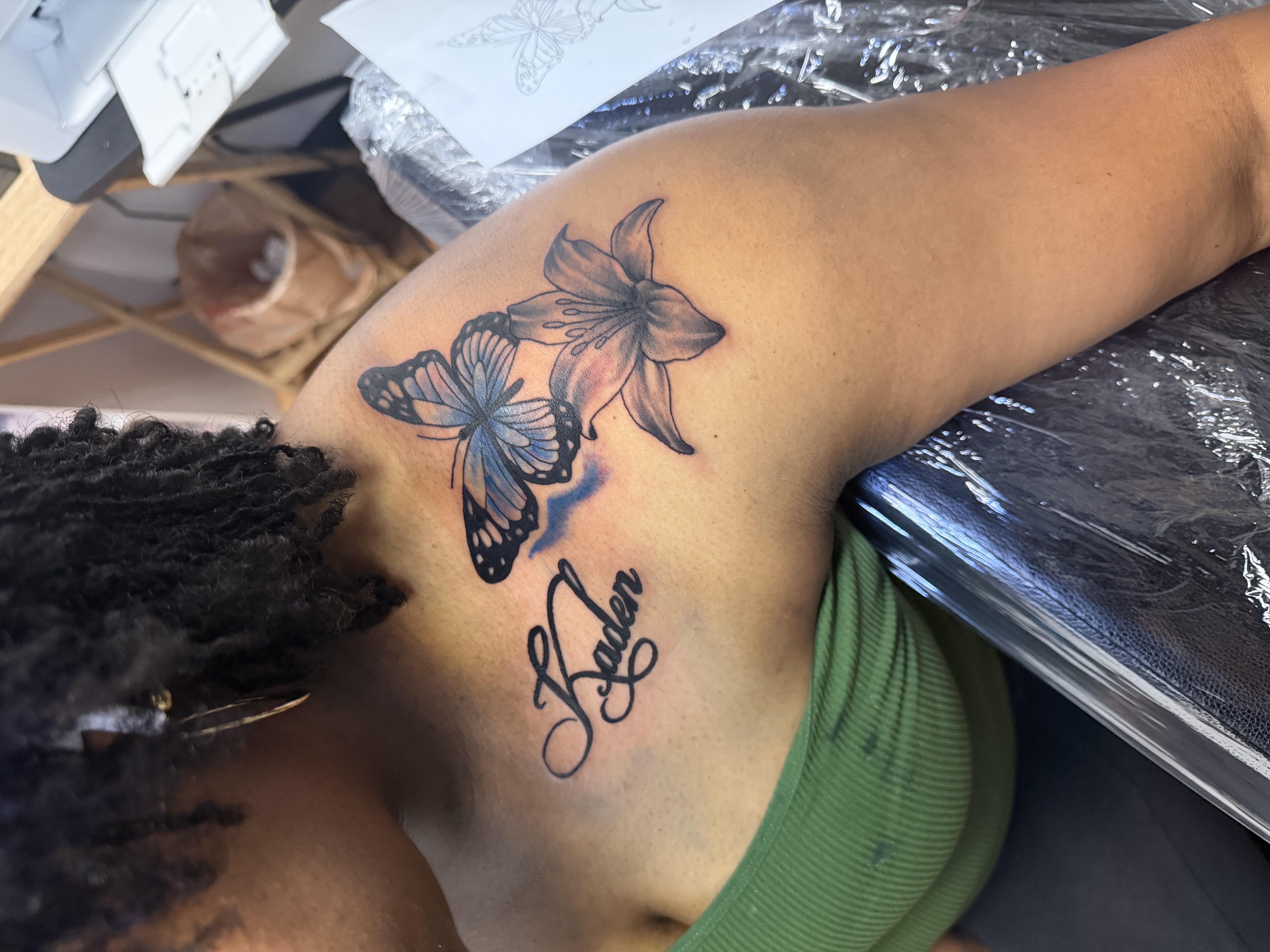 Color + Black & Grey butterfly tattoo on Shoulder by TaeDavinci on TattMe