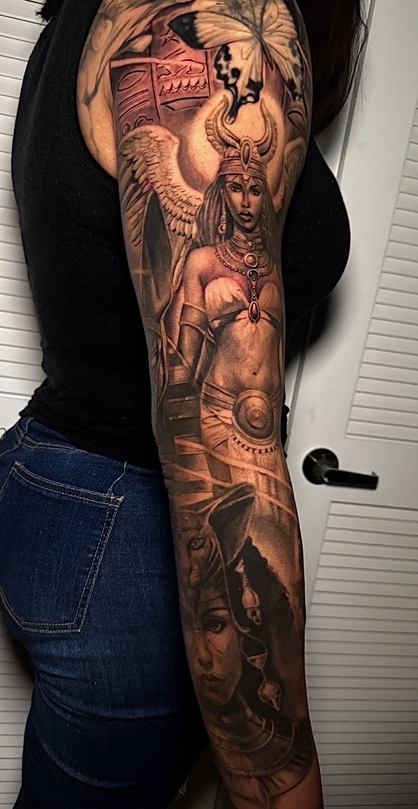 Black & Grey + Realism goddess tattoo on Full Sleeve by D-Artist on TattMe