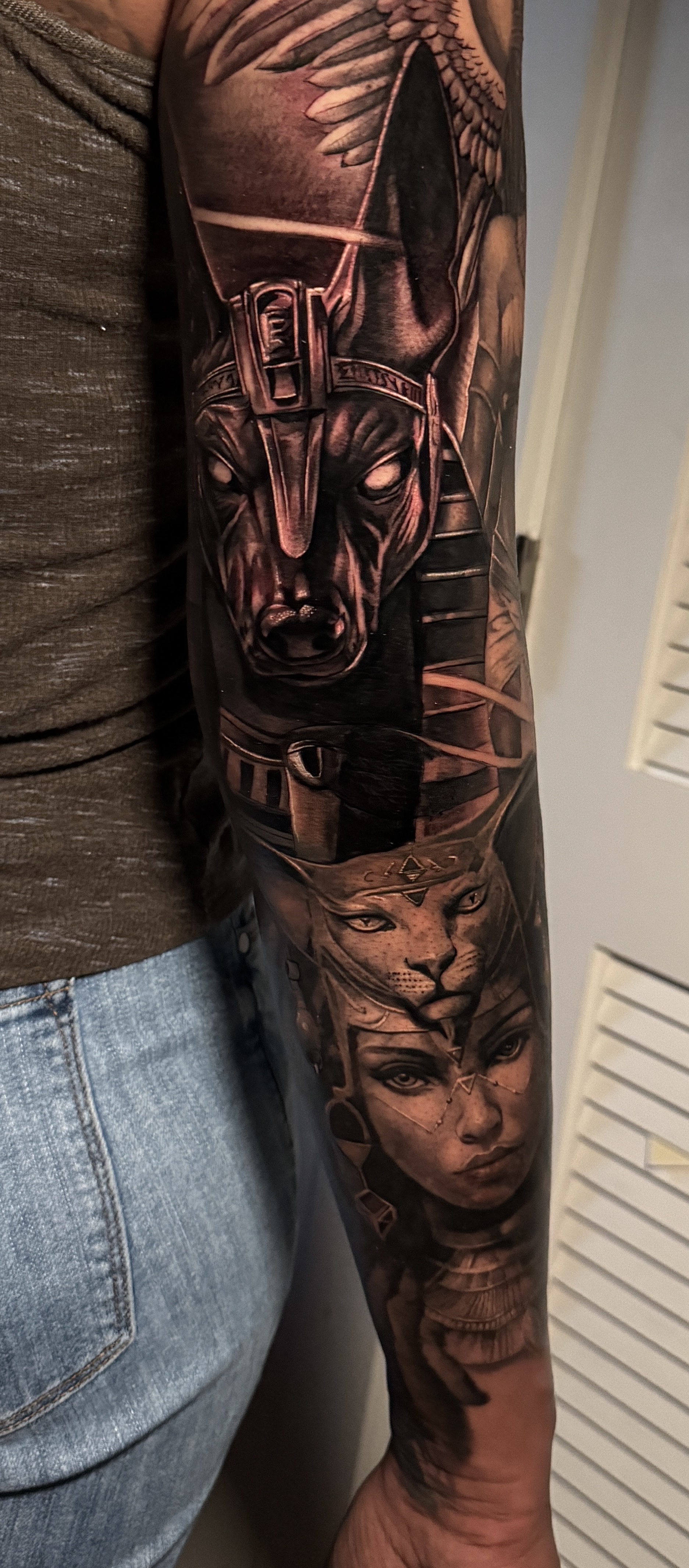 Realism + Black & Grey anubis tattoo on Full Sleeve by D-Artist on TattMe
