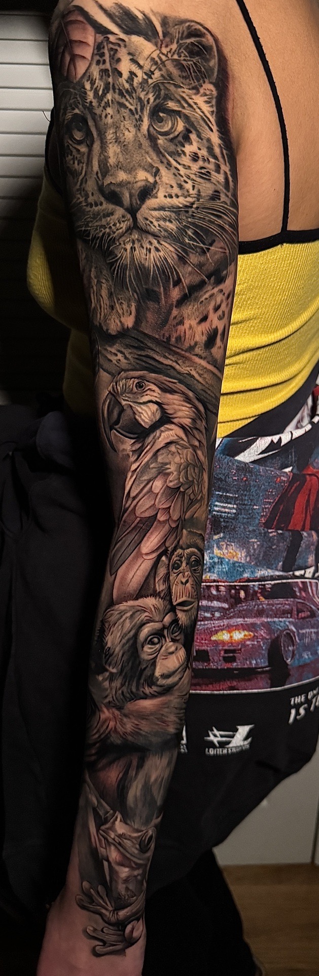 Realism + Black & Grey leopard tattoo on Full Sleeve by D-Artist on TattMe
