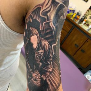 Black & Grey + Illustrative figure tattoo on Upper Arm by D-Artist on TattMe