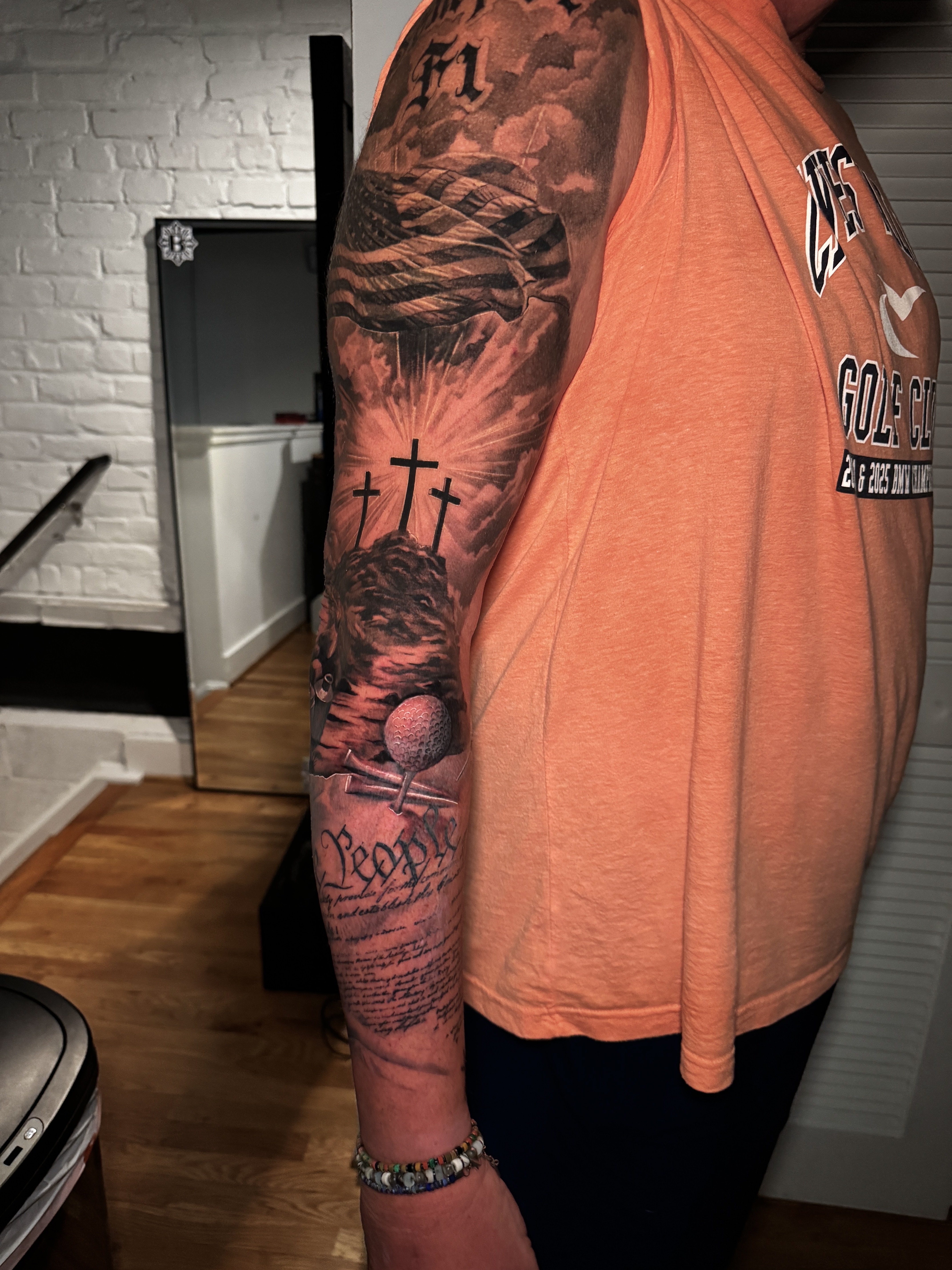 Black & Grey + Realism flag tattoo on Full Sleeve by D-Artist on TattMe