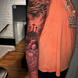 Black & Grey + Realism flag tattoo on Full Sleeve by D-Artist on TattMe