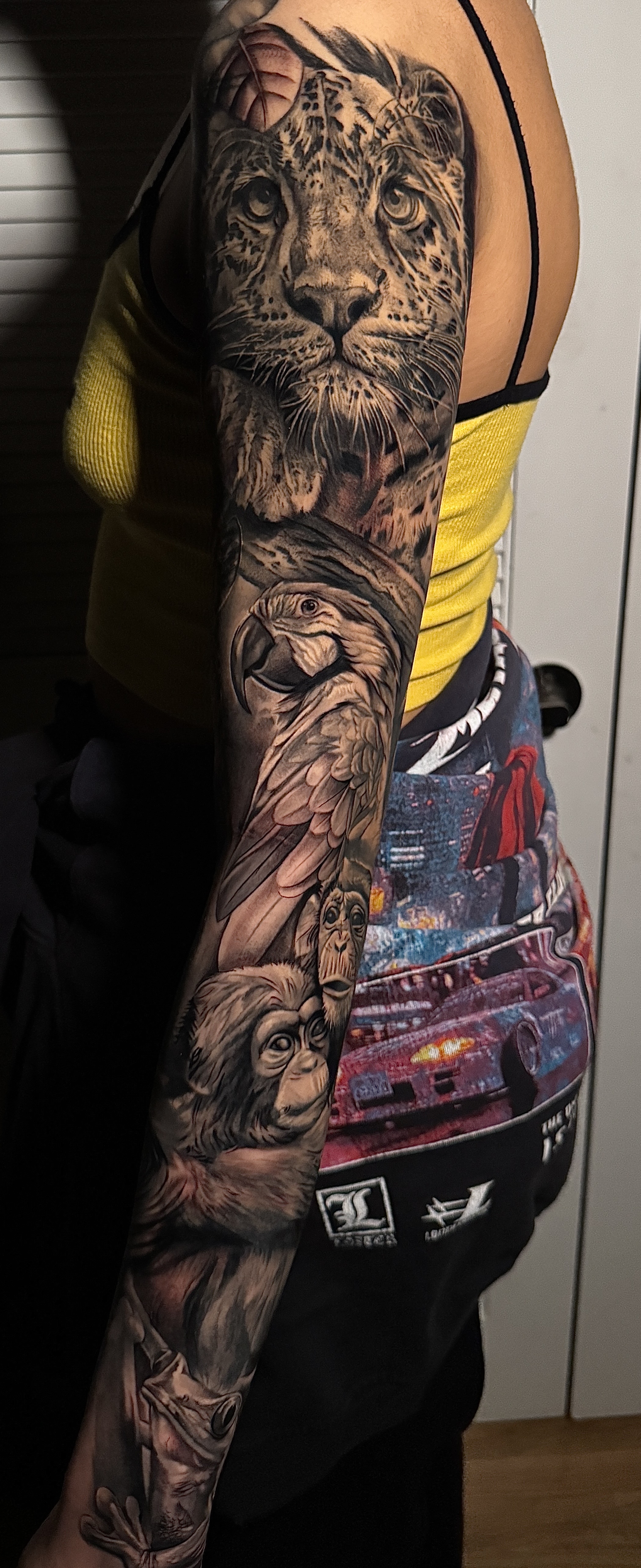 Realism + Black & Grey leopard tattoo on Full Sleeve by D-Artist on TattMe