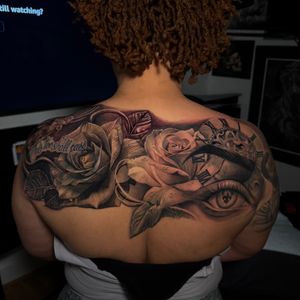 Black & Grey + Realism roses tattoo on Upper Back by D-Artist on TattMe