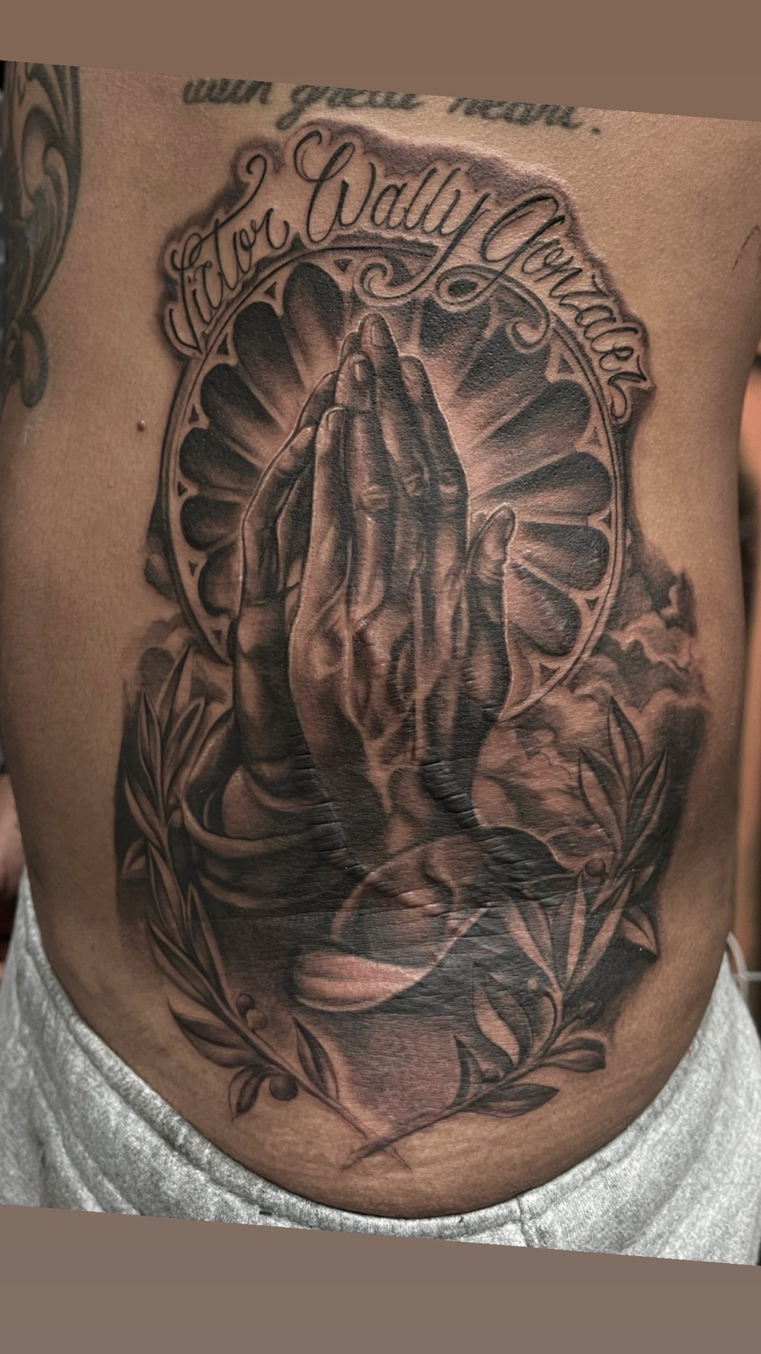 Black & Grey + Illustrative hands tattoo on Stomach by D-Artist on TattMe
