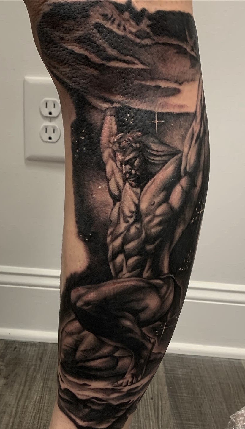 Black & Grey + Realism atlas tattoo on Calf by D-Artist on TattMe
