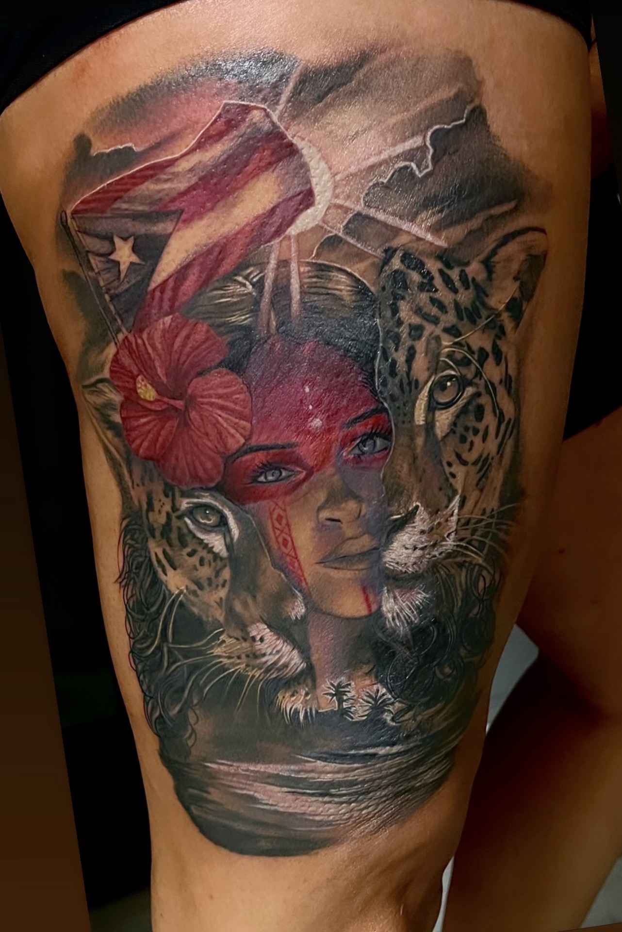 Realism + Color woman tattoo on Thigh by D-Artist on TattMe