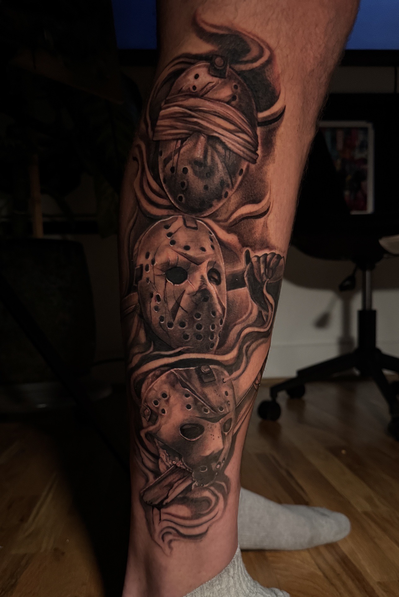 Black & Grey + Realism hockey masks tattoo on Calf by D-Artist on TattMe