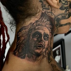 Realism + Black & Grey beetlejuice tattoo on Neck (Side) by D-Artist on TattMe