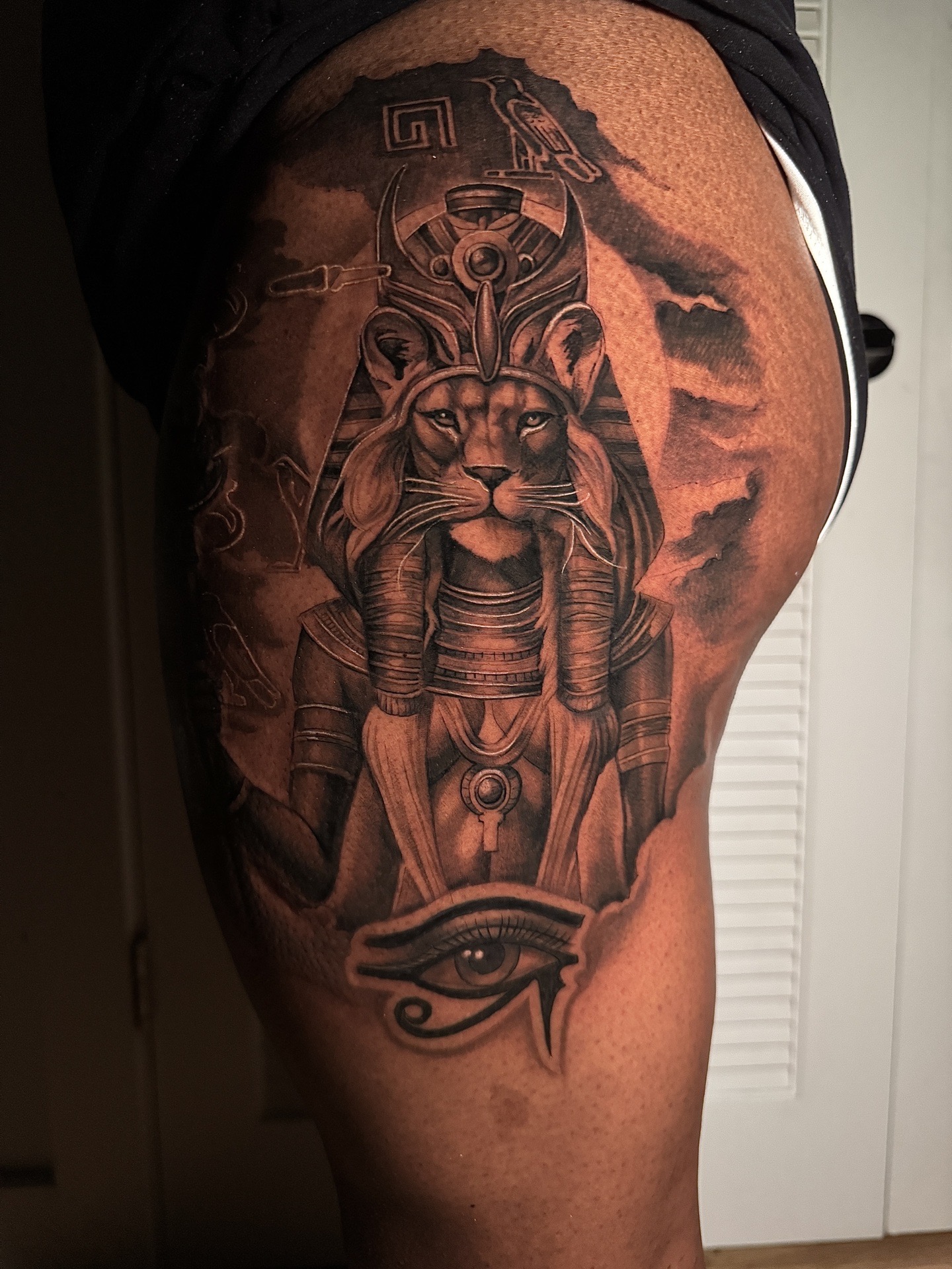 Black & Grey + Realism lioness tattoo on Thigh by D-Artist on TattMe