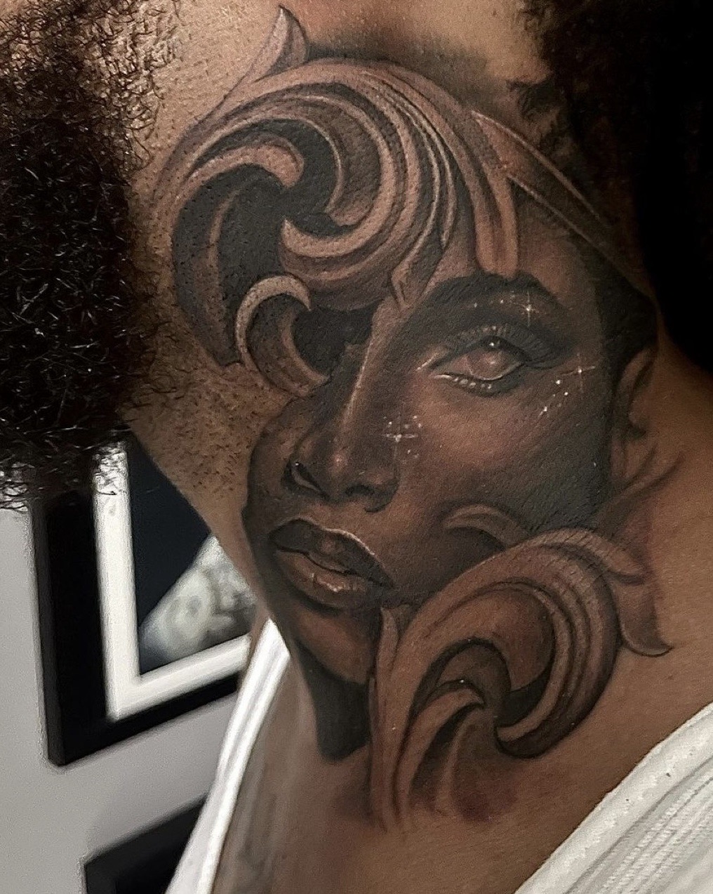 Black & Grey + Illustrative woman tattoo on Neck (Side) by D-Artist on TattMe