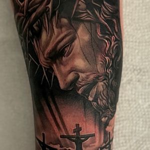Realism + Black & Grey jesus tattoo on Forearm by D-Artist on TattMe