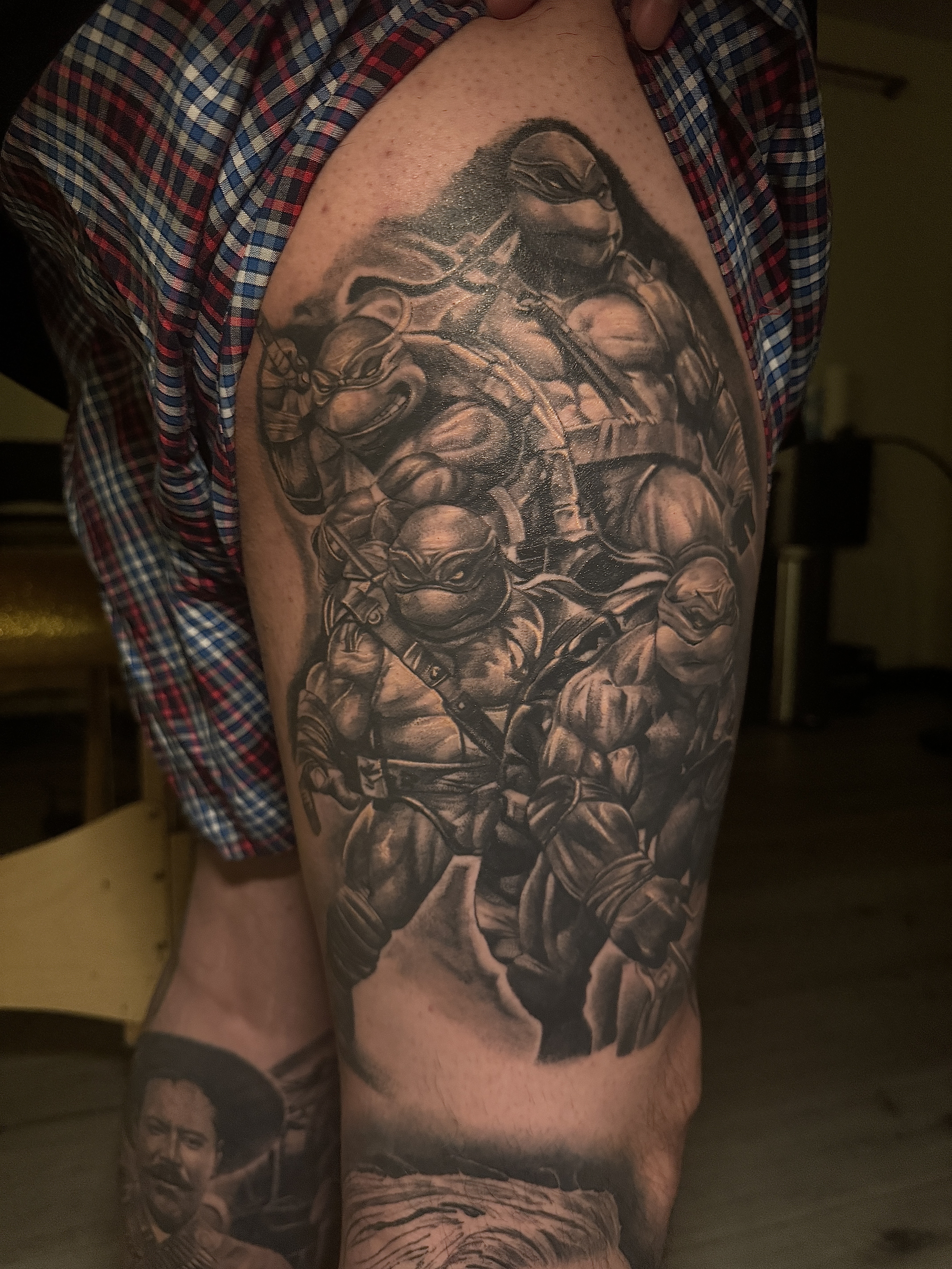 Black & Grey + Realism ninja turtles tattoo on Thigh by D-Artist on TattMe