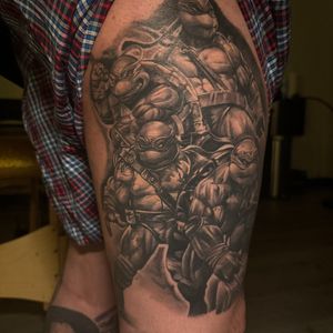Black & Grey + Realism ninja turtles tattoo on Thigh by D-Artist on TattMe