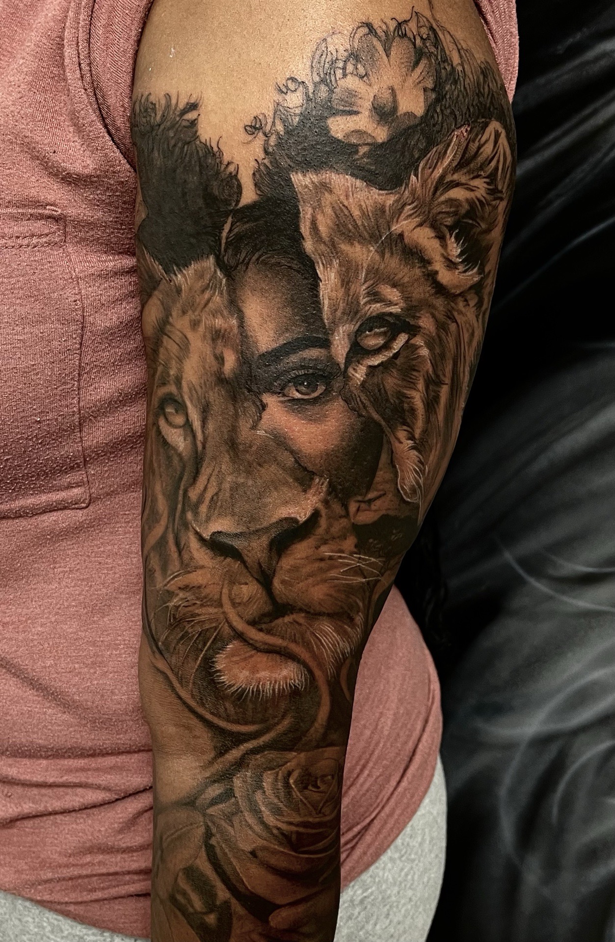 Realism + Photo Realism lion tattoo on Half Sleeve by D-Artist on TattMe