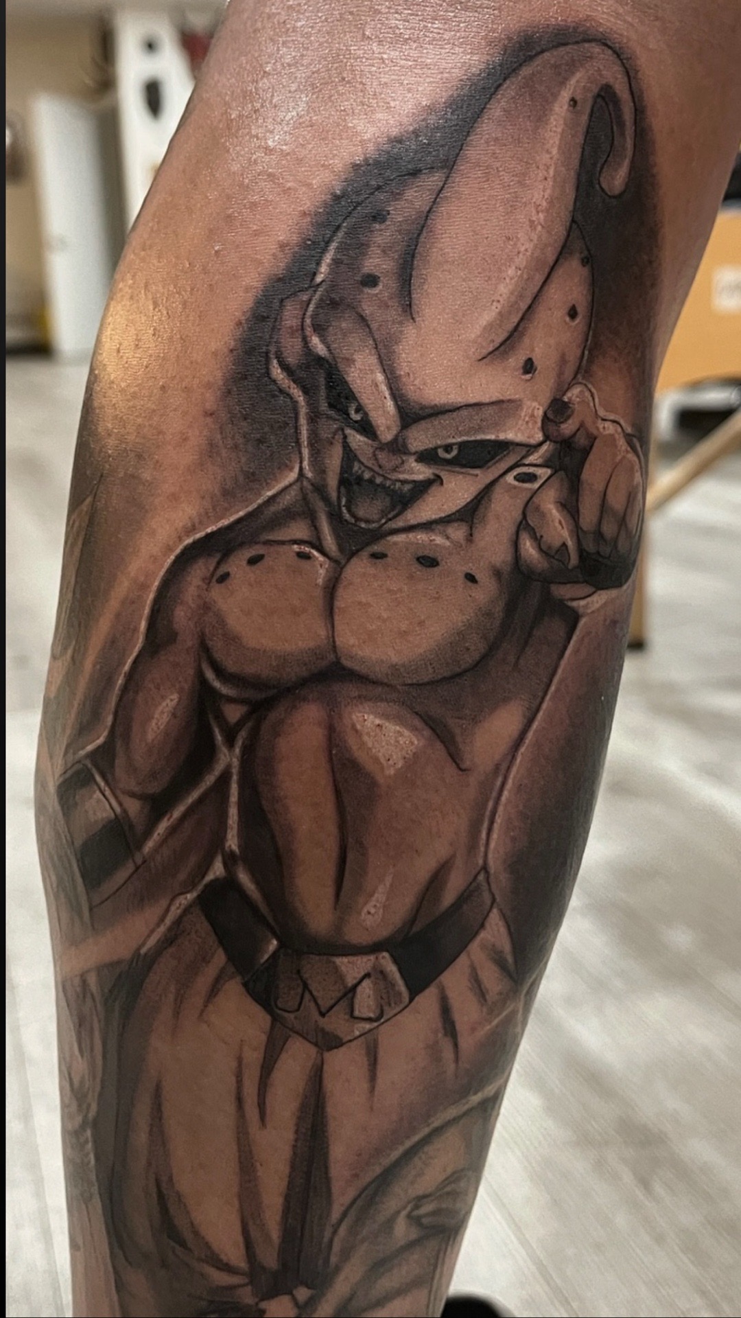 Black & Grey + Anime majin buu tattoo on Calf by D-Artist on TattMe