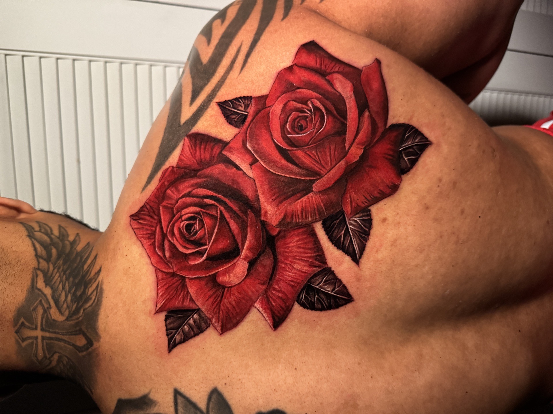 Realism + Color roses tattoo on Upper Back by D-Artist on TattMe