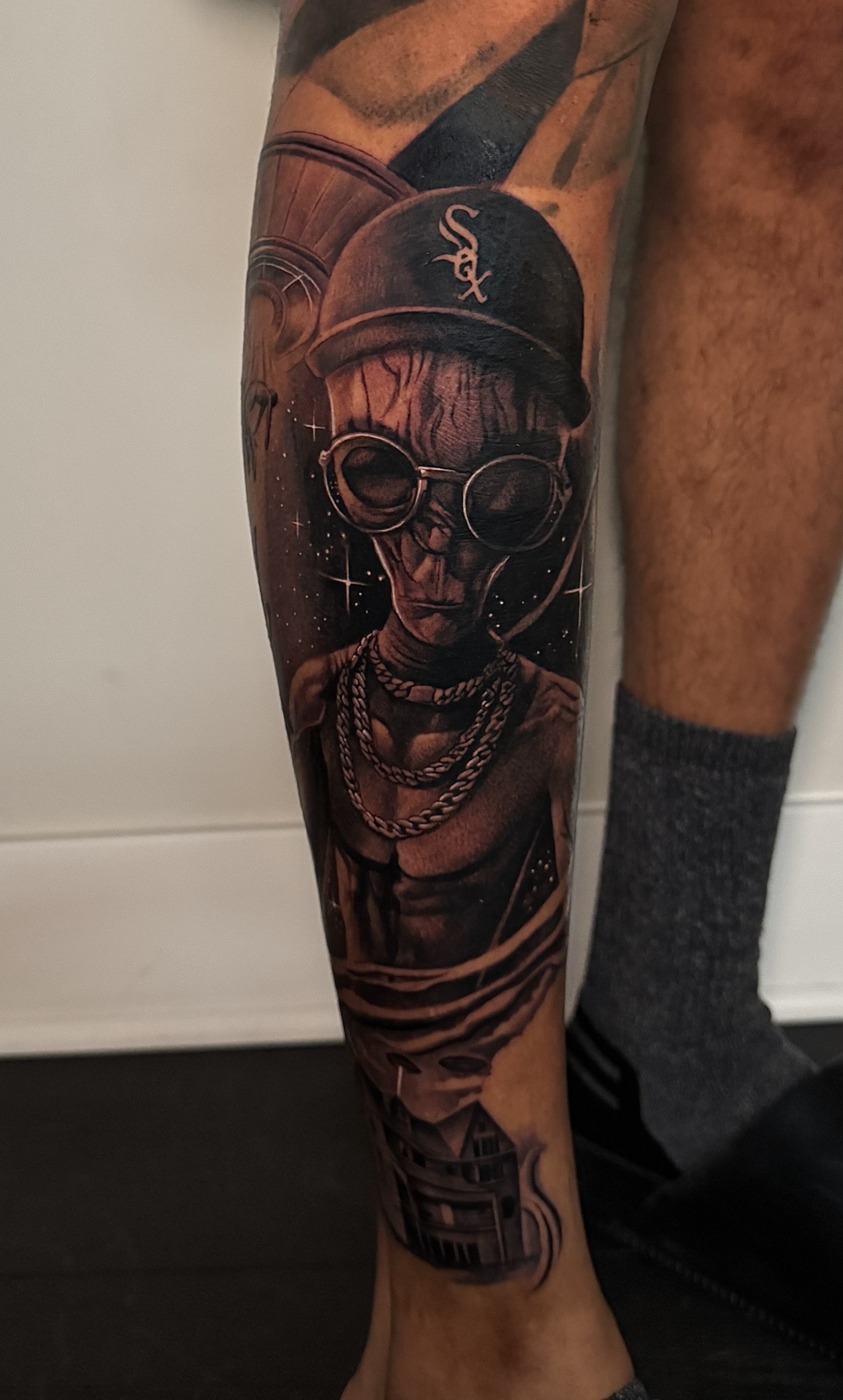 Black & Grey + Realism alien tattoo on Calf by D-Artist on TattMe