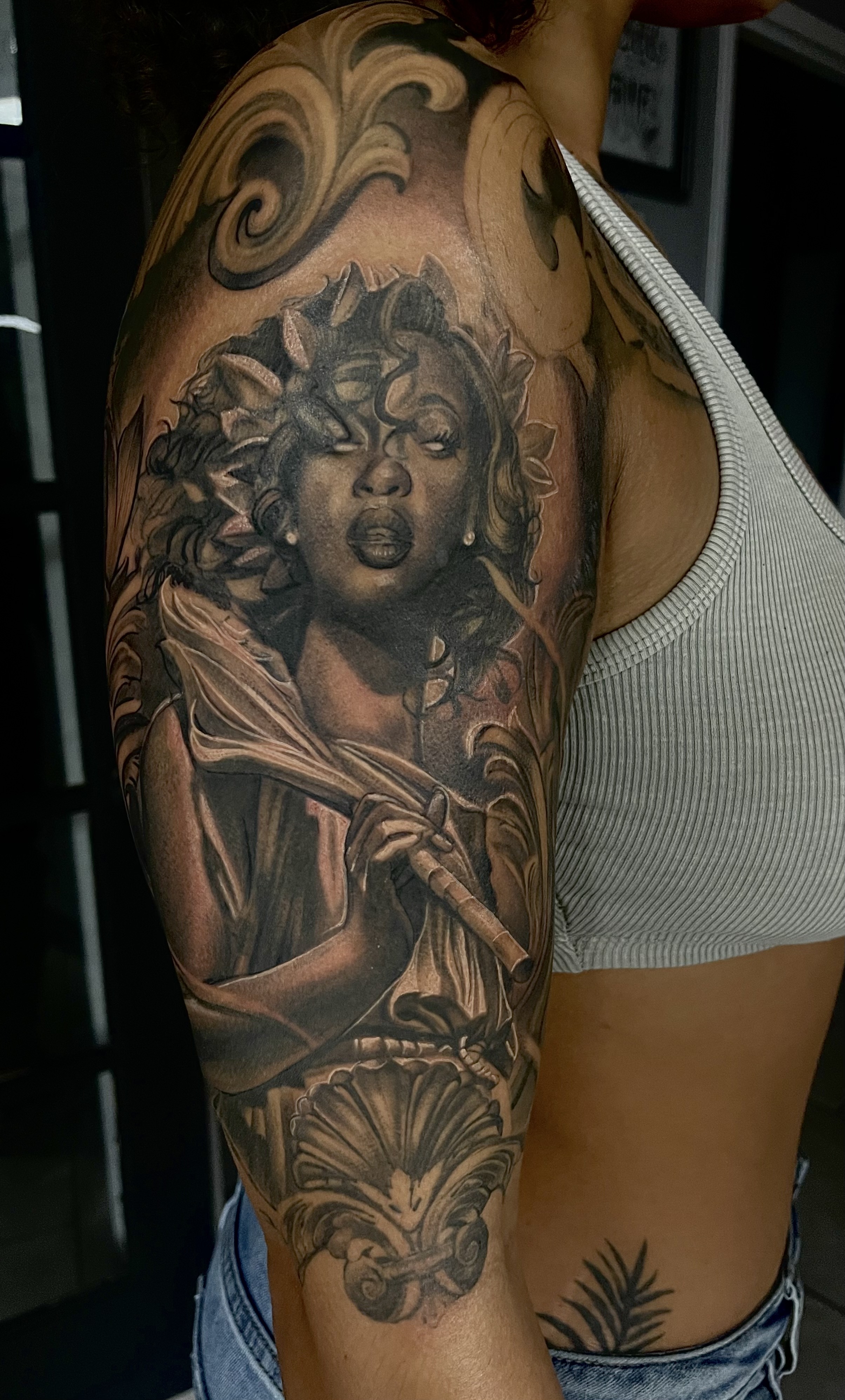 Black & Grey + Realism woman tattoo on Half Sleeve by D-Artist on TattMe