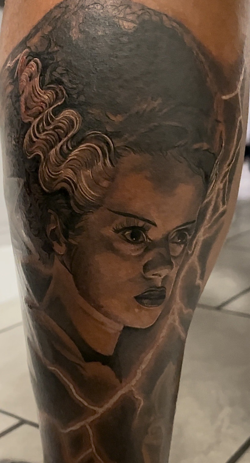 Realism + Black & Grey bride of frankenstein tattoo on Calf by D-Artist on TattMe